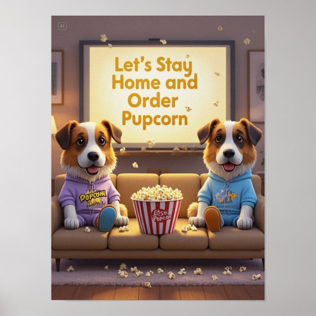 Póster Quedémonos en casa y ordenemos perros de caricatur (Frente)