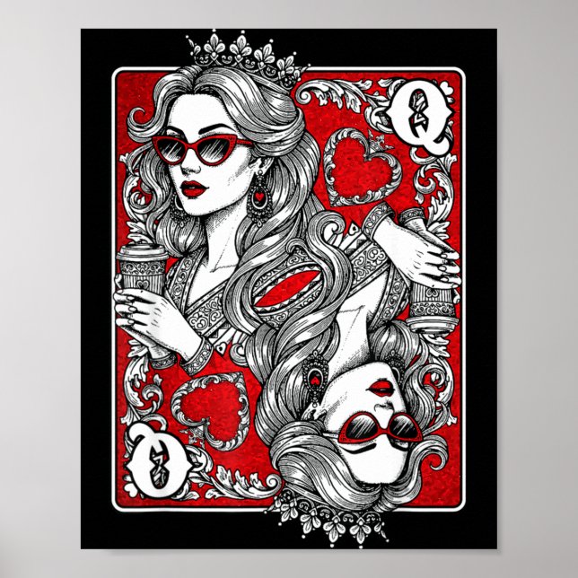 Póster Queen Of Heart Playing Card Coffee Lover Gambling  (Frente)