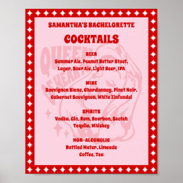 Póster Queen of Hearts Bachelorette Cocktail Menu Sign