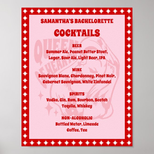 Póster Queen of Hearts Bachelorette Cocktail Menu Sign (Frente)