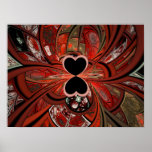 Póster Queen Of Hearts Fractal<br><div class="desc">Abstract fractal design resembling a swirling black,  red,  and white torrent of cards with a pair of hearts at it center.</div>