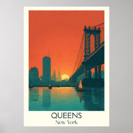 Póster Queens New York Vintage Bridge Sunset City Art
