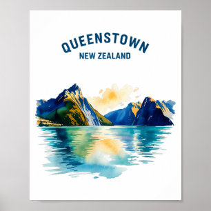Póster Queenstown Nueva Zelanda Acuarela Escénica Vintage