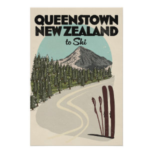 Póster Queenstown Nueva Zelanda para Esquiar