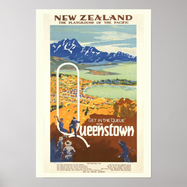 Póster Queenstown, Nueva Zelanda Viajes Vintage (Frente)