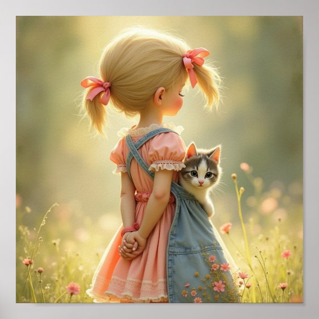 Póster Querida niña con su gatito (Frente)
