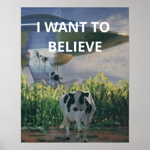 Póster Quiero Creer, Retro 90s, Pintura Vaca Alien
