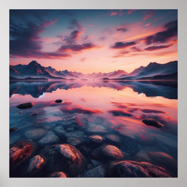 Póster Quiet Lake Sunset Poster, Reflective Mountain Dusk (Frente)