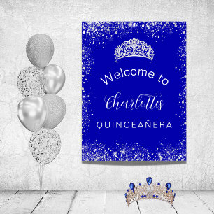Póster Quinceañera azul real brillo de plata bienvenida