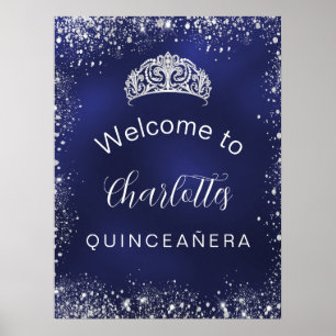 Póster Quinceañera bienvenida azul marino brillo plateado