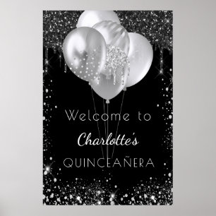 Póster Quinceañera bienvenida brillo negro plateado