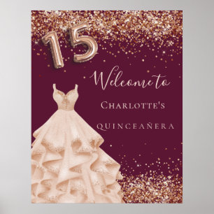 Póster Quinceanera burgundy rosa oro purpurina vestido po