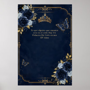 Póster Quinceañera de Mariposa Floral Dorada Azul Marino