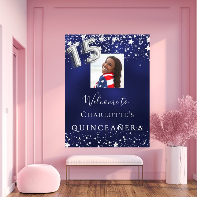 Póster Quinceanera estrellas azul marino de plata foto bi (Subido por el creador)