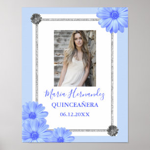 Póster Quinceanera floral azul claro