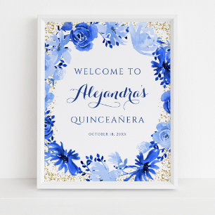 Póster Quinceañera Floral Azul Real Aquarela Dorada