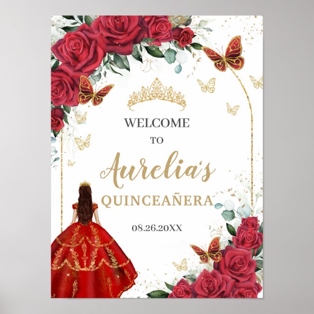 Póster Quinceañera floral roja Princesa Butterflies de or (Frente)