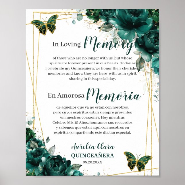 Póster Quinceañera Floral Verde Esmeralda En Amoroso Recu (Frente)