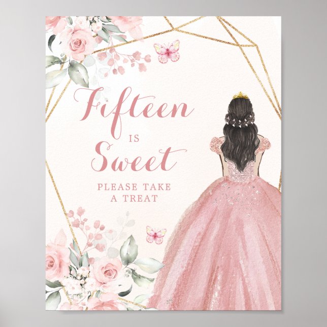 Póster Quinceañera geométrica rosa Rubor Quince es dulce (Frente)
