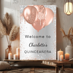 Póster Quinceañera globos de plata y rosa de oro bienveni