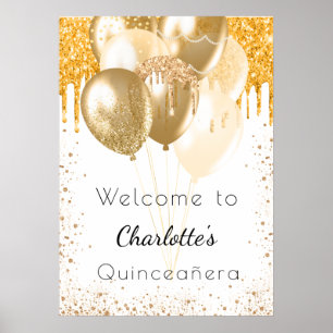 Póster Quinceañera globos de purpurina de oro blanco bien