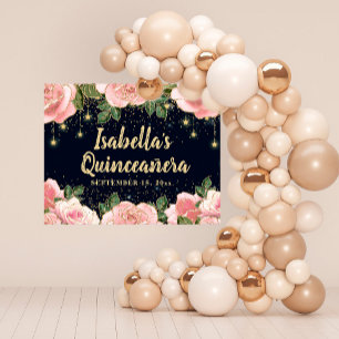 Póster Quinceañera negro con flores rosadas y brillo dora