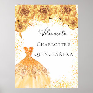Póster Quinceañera oro vestido blanco flores fiesta bienv