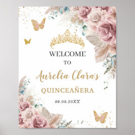 Póster Quinceañera Pampas Grass Rubor Floral Butterflies
