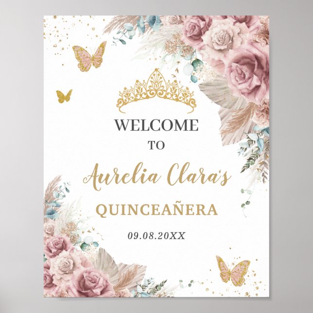 Póster Quinceañera Pampas Grass Rubor Floral Butterflies (Frente)