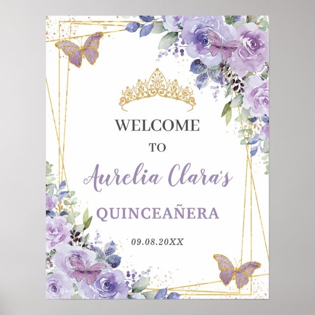 Póster Quinceañera Purple Lilac Floral Butterflies Gold (Frente)