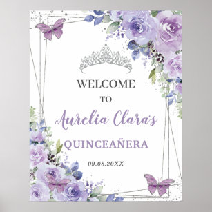 Póster Quinceañera Purple Lilac Floral Plata Butterflies