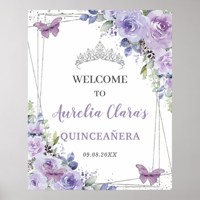 Póster Quinceañera Purple Lilac Floral Plata Butterflies (Frente)