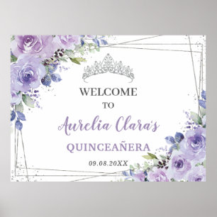 Póster Quinceañera Purple Lilac Floral Plata Butterflies