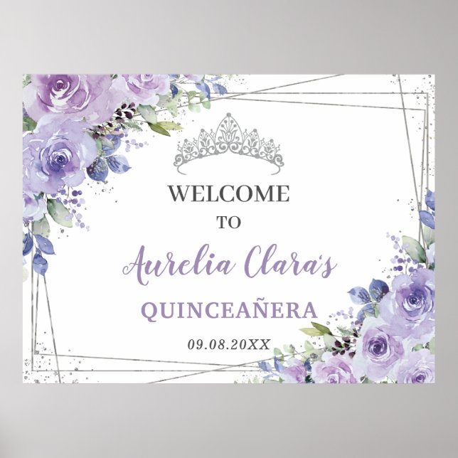 Póster Quinceañera Purple Lilac Floral Plata Butterflies (Frente)