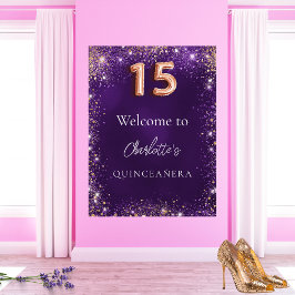 Póster Quinceanera purpurina morado chispas bienvenida