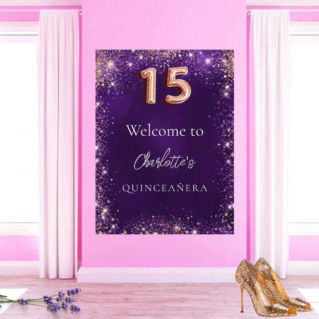 Póster Quinceanera purpurina morado chispas bienvenida (Subido por el creador)