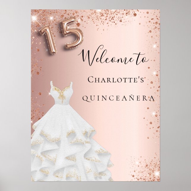 Póster Quinceanera rosa oro purpurina vestido blanco (Frente)