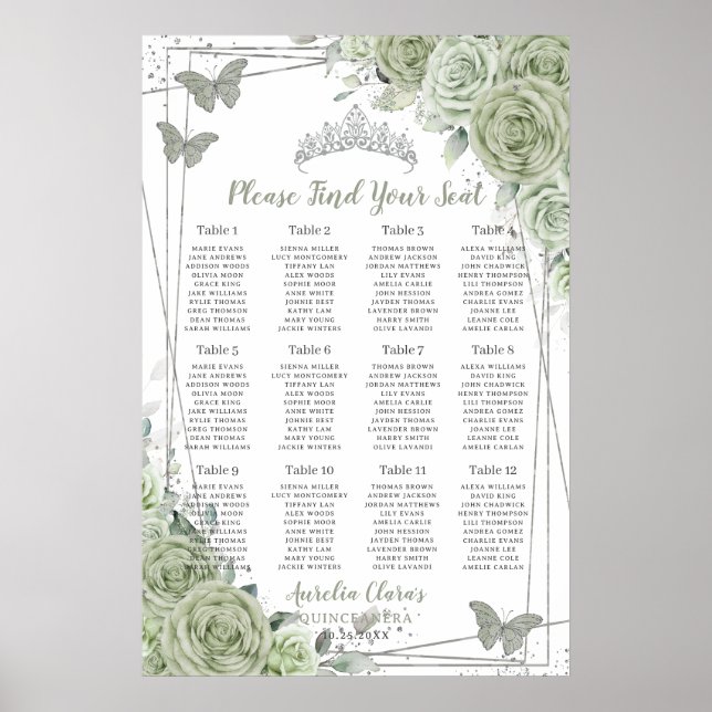 Póster Quinceañera Sage Green Floral Silver Seating Chart (Frente)
