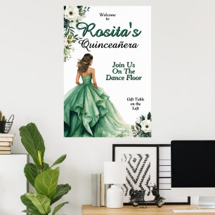 Póster Quinceañera Verde Esmeralda Cumpleaños 15