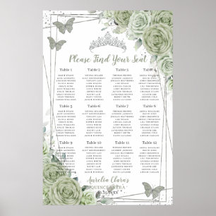 Póster Quinceañera Verde Sage Floral Gráfico de Asientos 