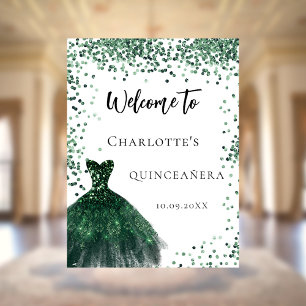 Póster Quinceanera vestido verde esmeralda confeti bienve