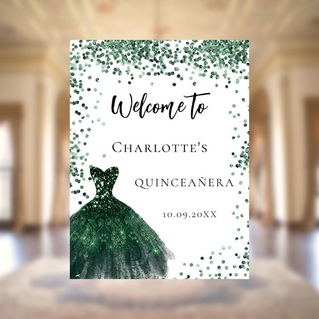 Póster Quinceanera vestido verde esmeralda confeti bienve (Subido por el creador)