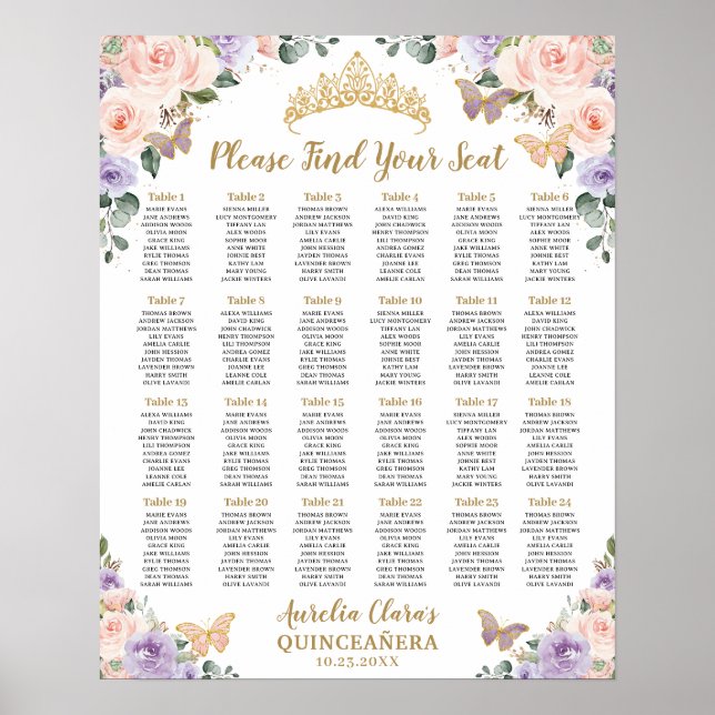 Póster Quinceañera XV Asientos Florales Rubor Lilac Púrpu (Frente)