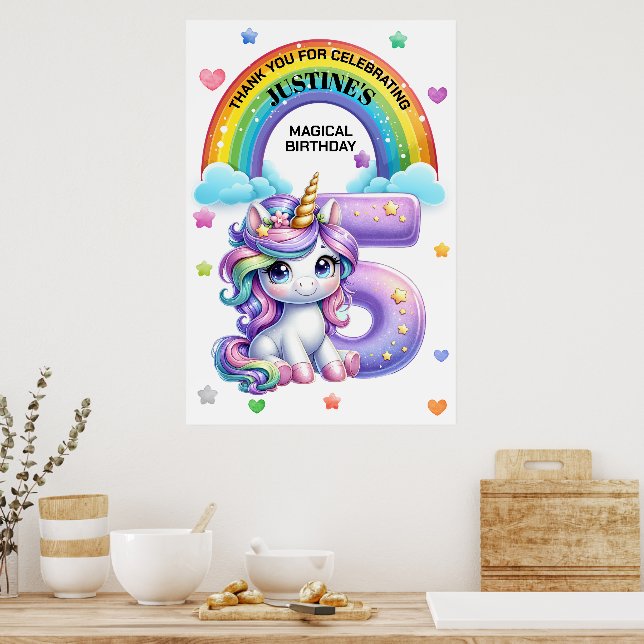 Póster Quinto cumpleaños de Cute Rainbow y Unicorn (Cocina)