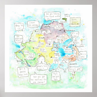 Póster Quirky mapa de Irlanda del Norte con dichos.