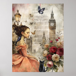 Póster Quirky victoriano Chica gótico y Florals Londres