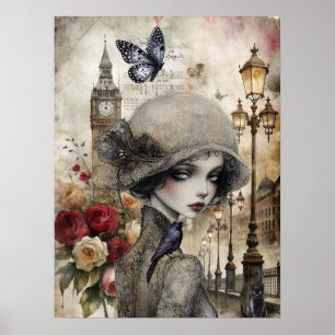 Póster Quirky victoriano Chica gótico y Florals Londres