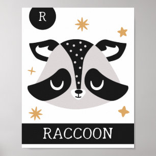 Póster R es para Raccoon, Nursery, Bedroom, Kids' Wall Ar