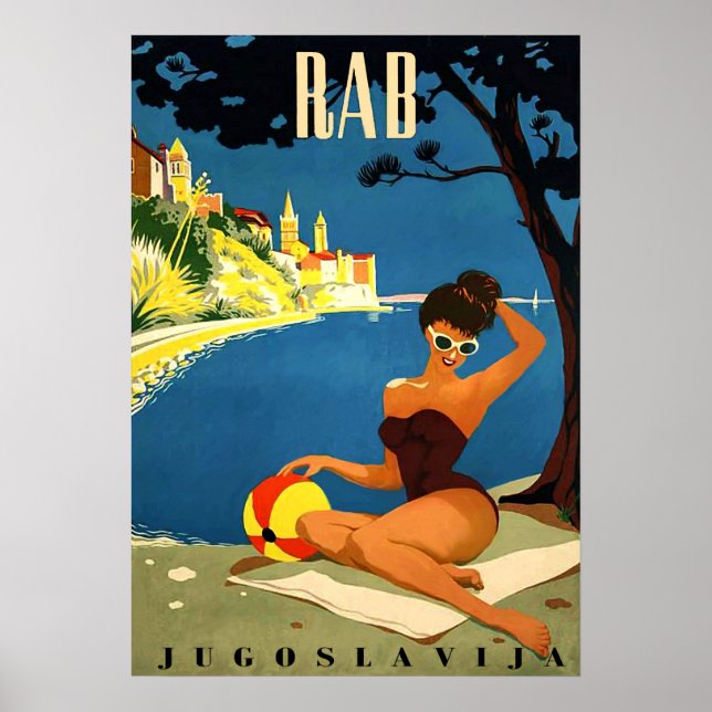 Póster Rab, isla, Yugoslavia, mujer bikini en la playa (Frente)