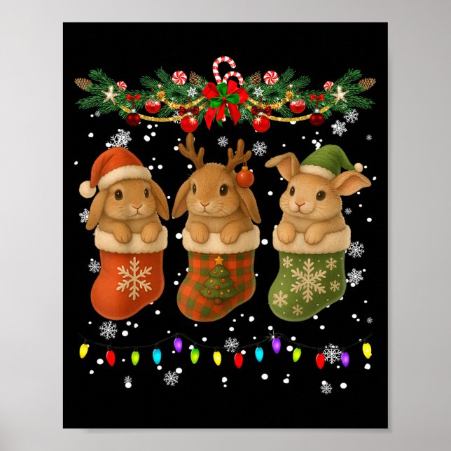 Póster Rabbit In Christmas Socks Lights Rabbit Xmas  (Frente)